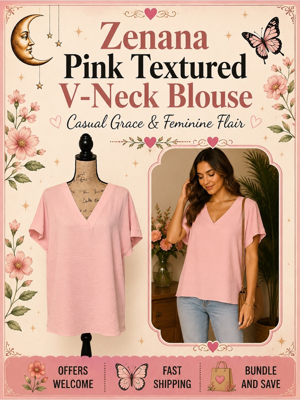 Zenana Pink Textured V-Neck Blouse Short Sleeve Relaxed Fit Top Size Large